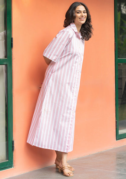 Women's Pink Broad Stripe Cotton Shirt Dress