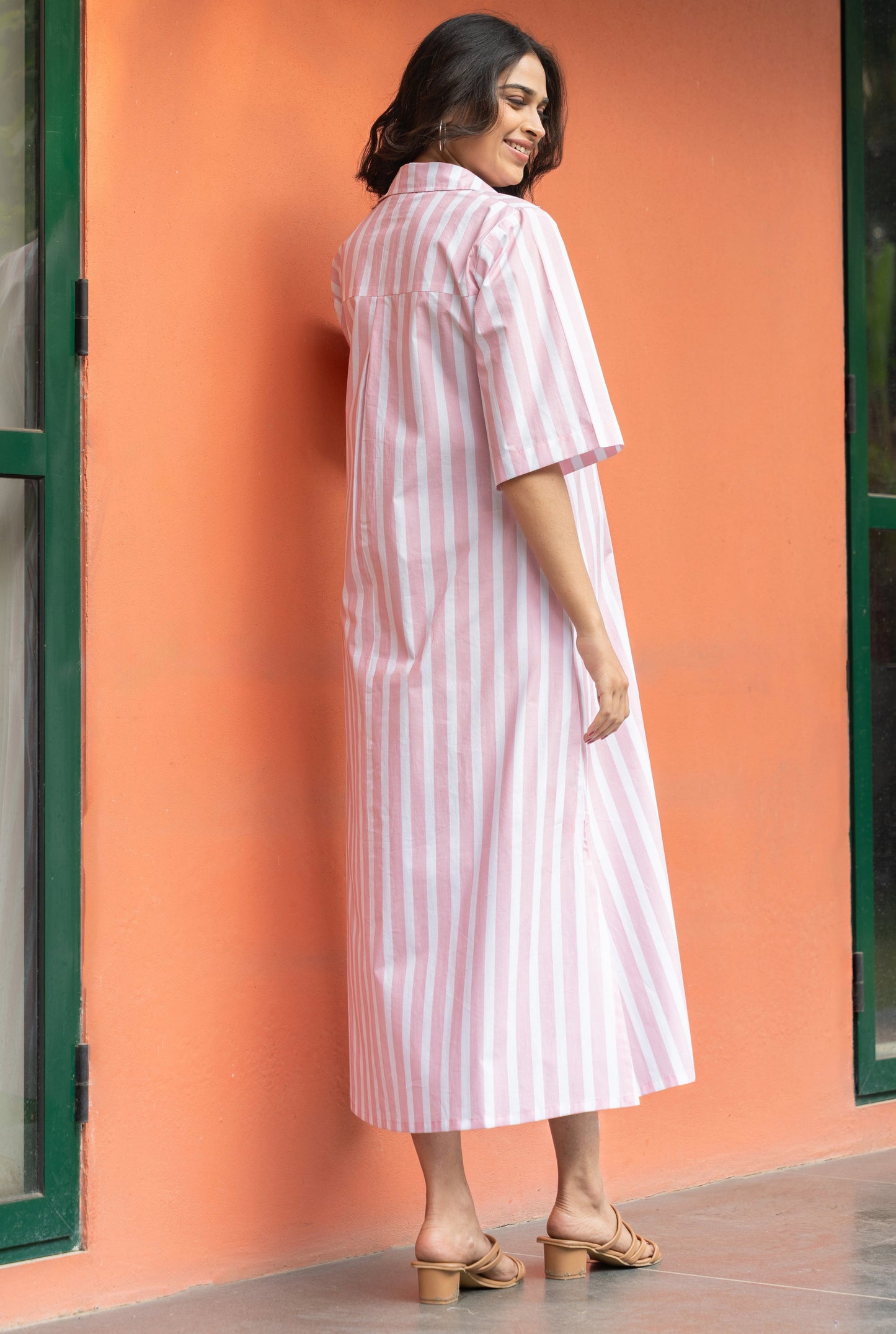 Women's Pink Broad Stripe Cotton Shirt Dress