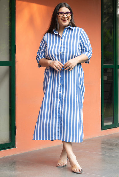 Women's Blue Broad Stripe Cotton Shirt Dress