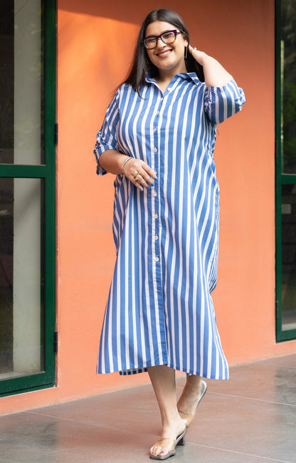 Women's Blue Broad Stripe Cotton Shirt Dress