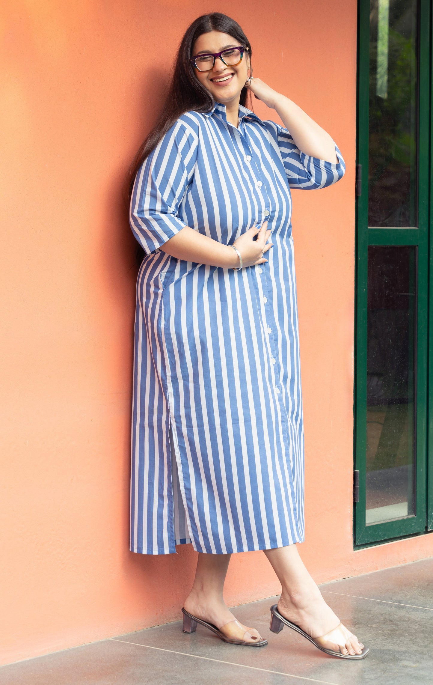 Women's Blue Broad Stripe Cotton Shirt Dress