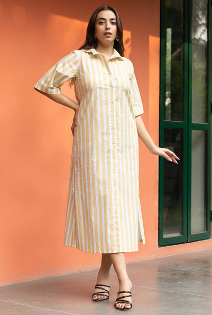 Women's Yellow Broad Stripe Cotton Shirt Dress