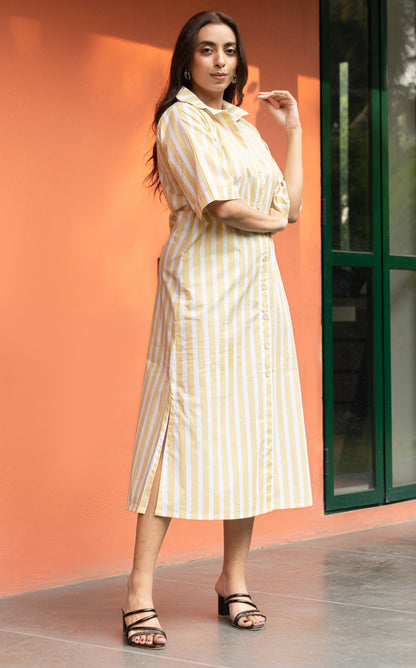 Women's Yellow Broad Stripe Cotton Shirt Dress