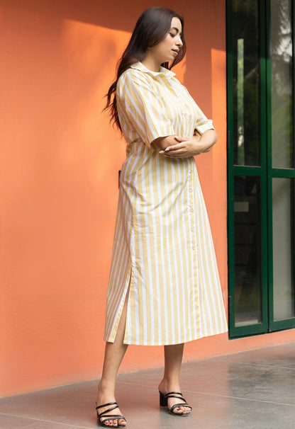 Women's Yellow Broad Stripe Cotton Shirt Dress