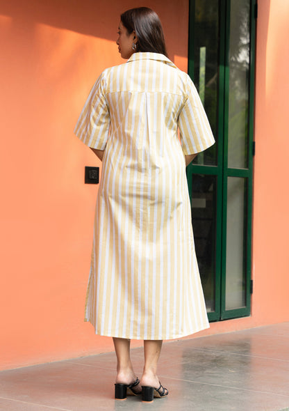 Women's Yellow Broad Stripe Cotton Shirt Dress