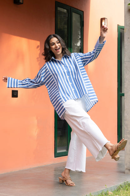 Women's Blue Broad Stripe Cotton Oversized Shirt