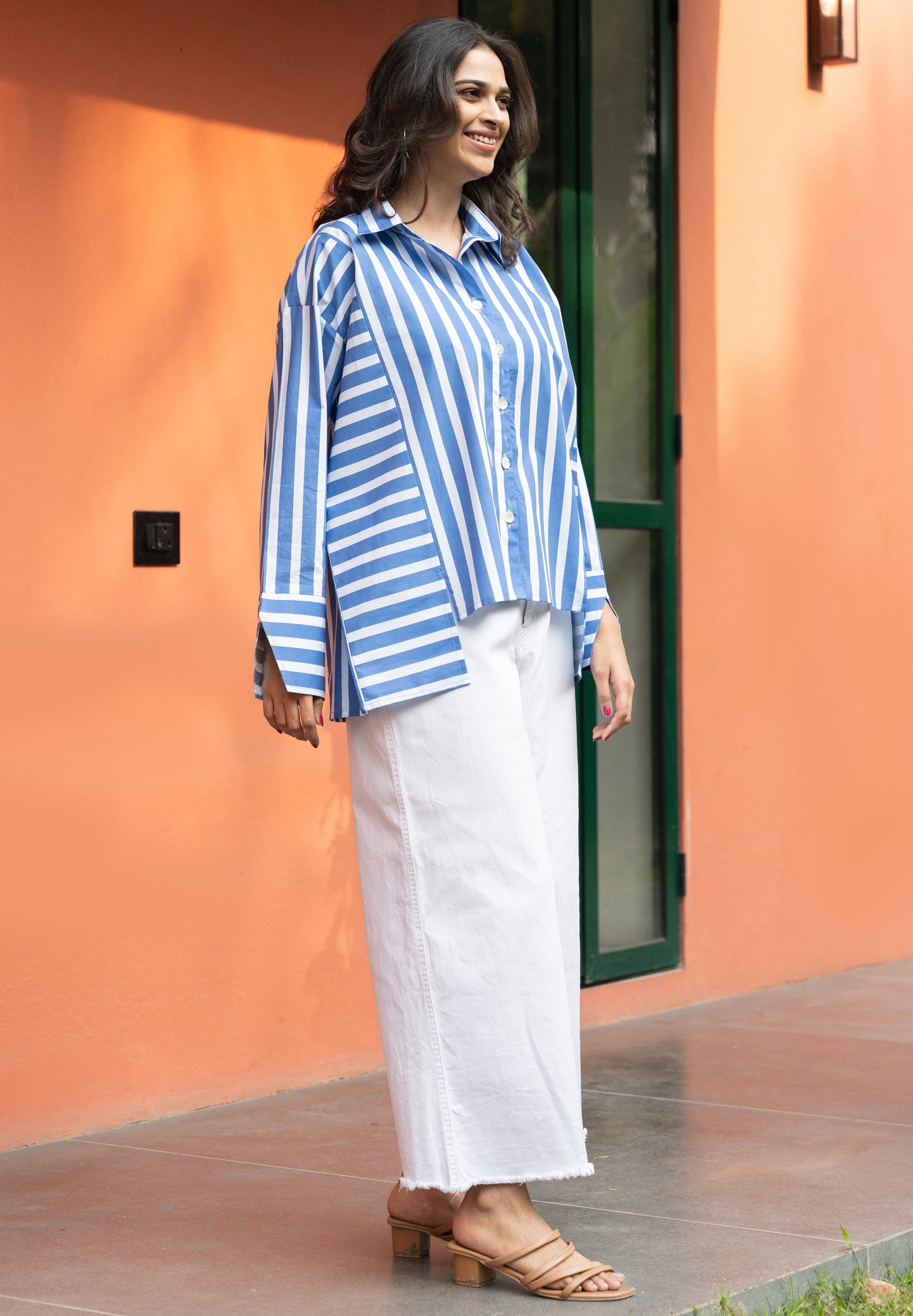 Women's Blue Broad Stripe Cotton Oversized Shirt