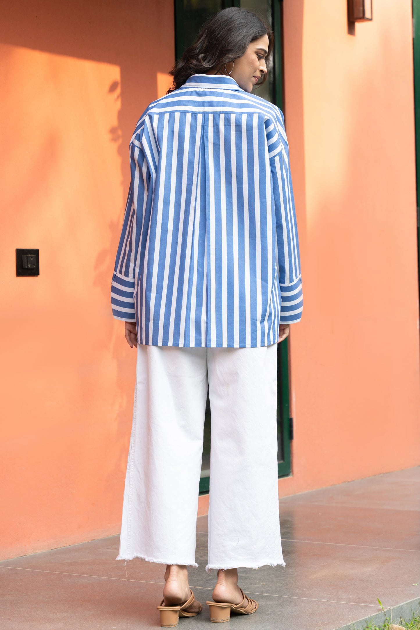 Women's Blue Broad Stripe Cotton Oversized Shirt