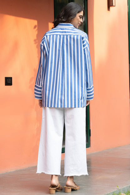 Women's Blue Broad Stripe Cotton Oversized Shirt