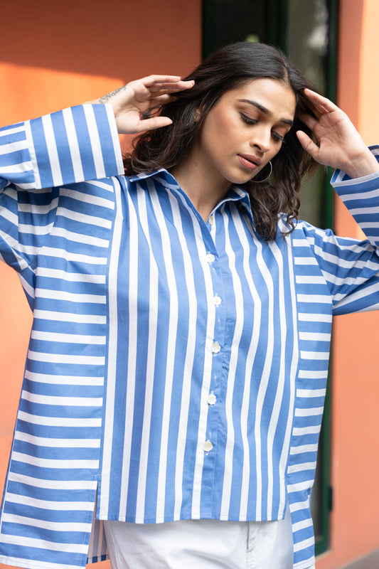 Women's Blue Broad Stripe Cotton Oversized Shirt