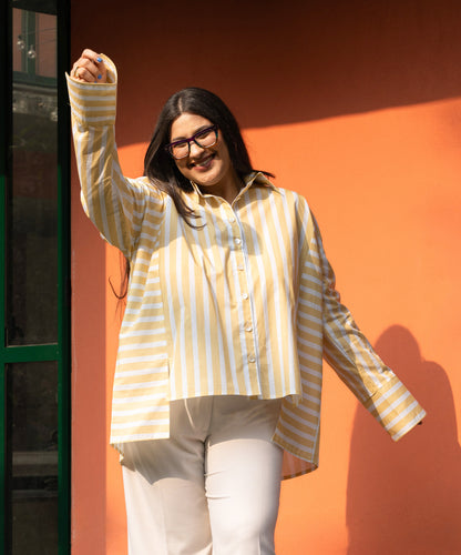 Women's Yellow Broad Stripe Cotton Oversized Shirt