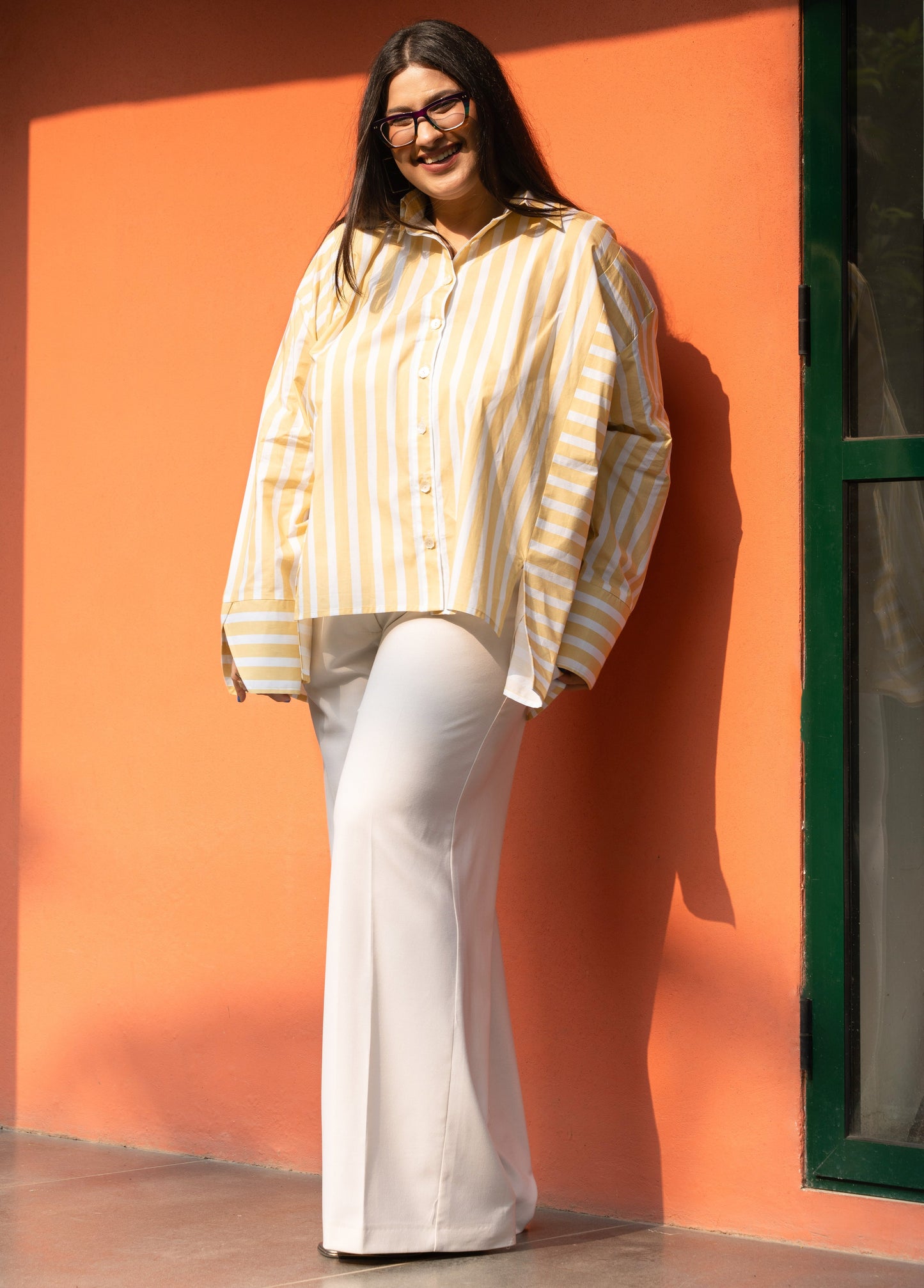 Women's Yellow Broad Stripe Cotton Oversized Shirt