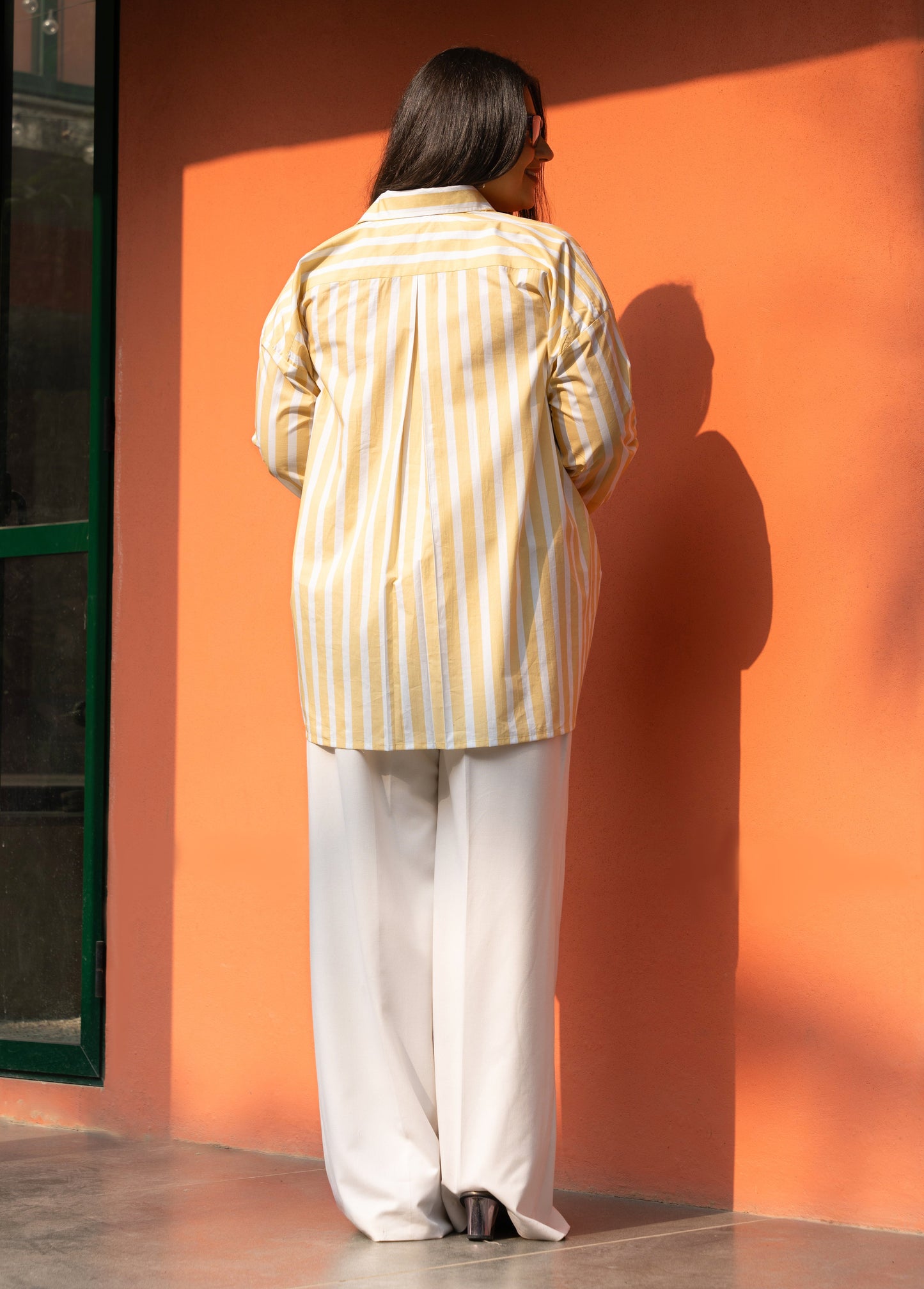 Women's Yellow Broad Stripe Cotton Oversized Shirt