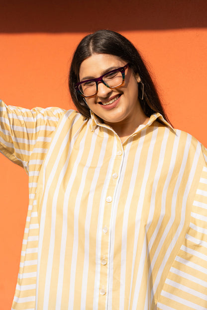 Women's Yellow Broad Stripe Cotton Oversized Shirt