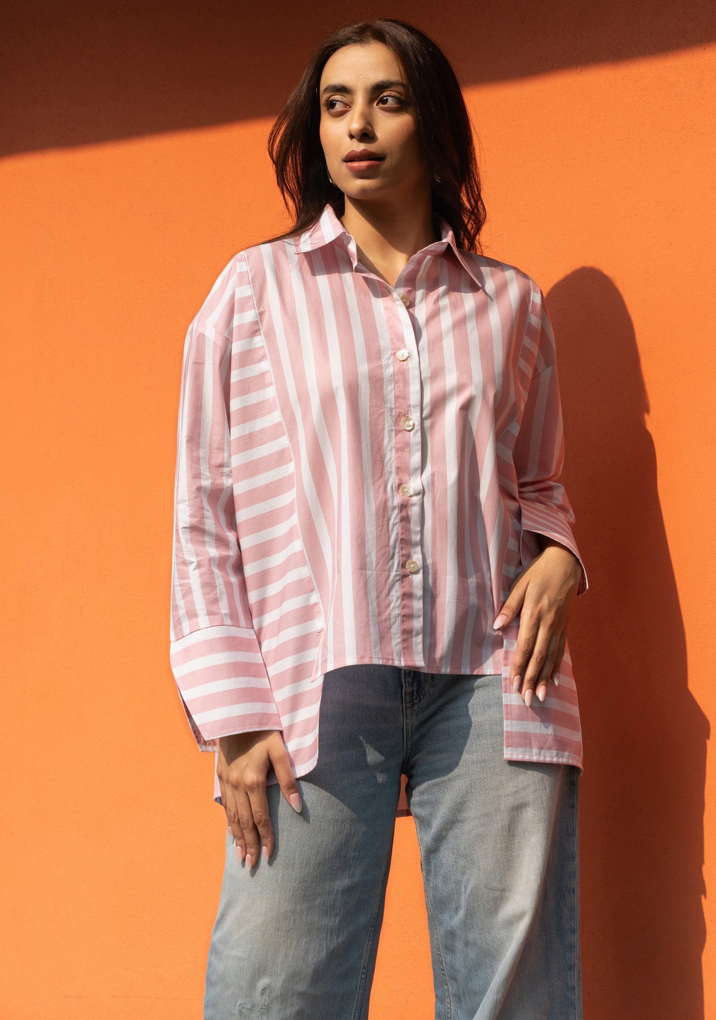 Women's Baby Pink Broad Stripe Cotton Oversized Shirt