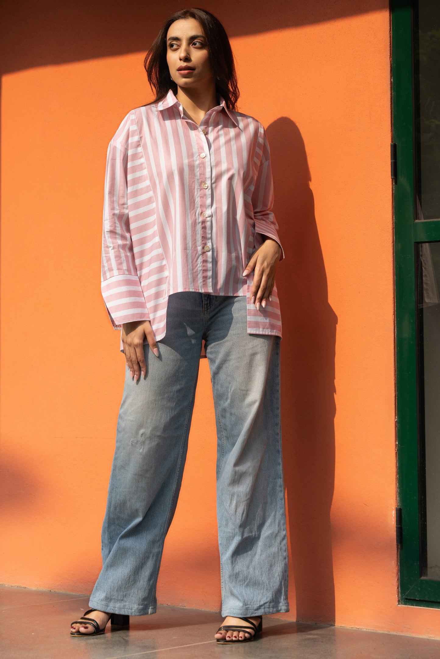 Women's Baby Pink Broad Stripe Cotton Oversized Shirt