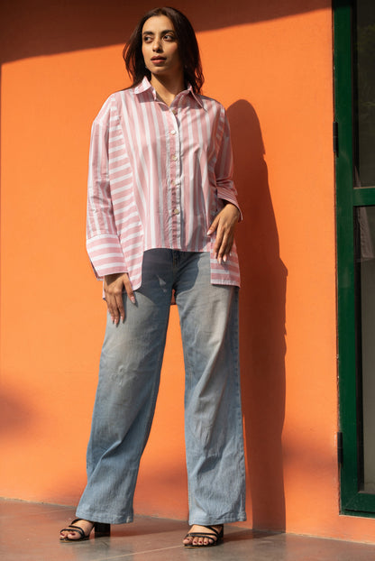 Women's Baby Pink Broad Stripe Cotton Oversized Shirt