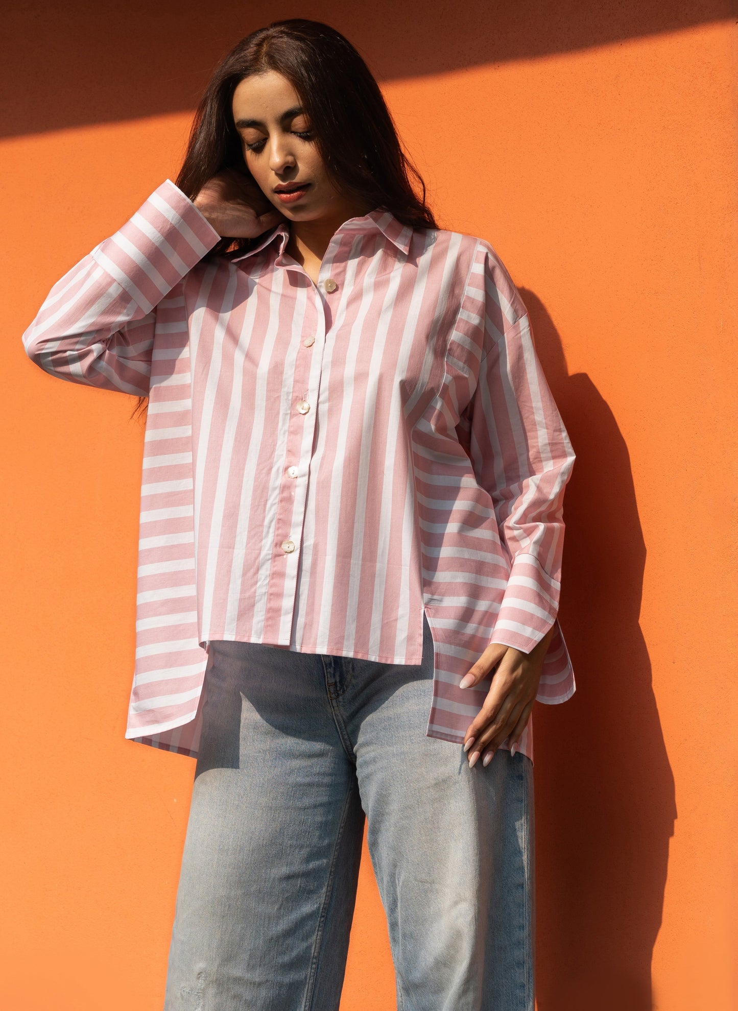 Women's Baby Pink Broad Stripe Cotton Oversized Shirt