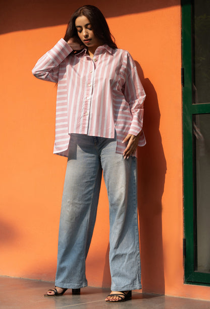 Women's Baby Pink Broad Stripe Cotton Oversized Shirt
