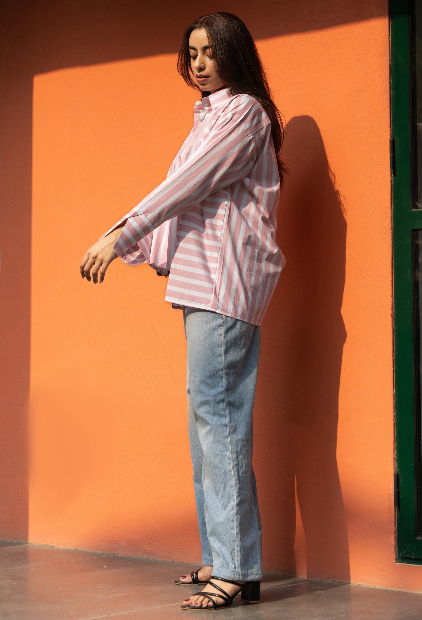 Women's Baby Pink Broad Stripe Cotton Oversized Shirt