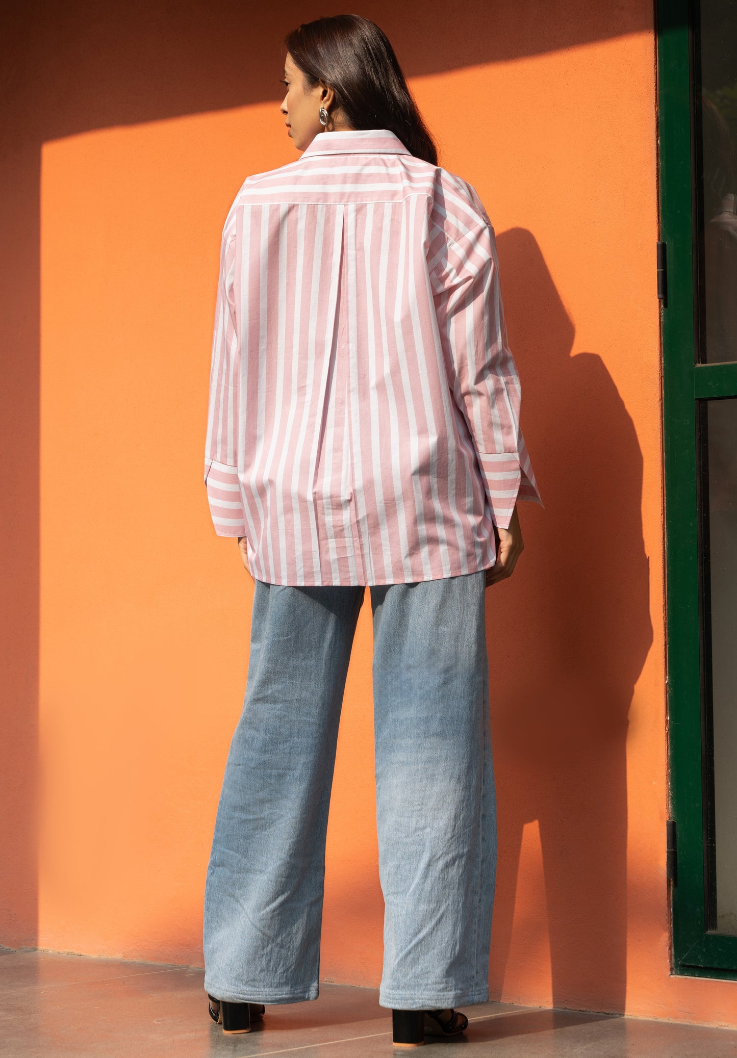 Women's Baby Pink Broad Stripe Cotton Oversized Shirt