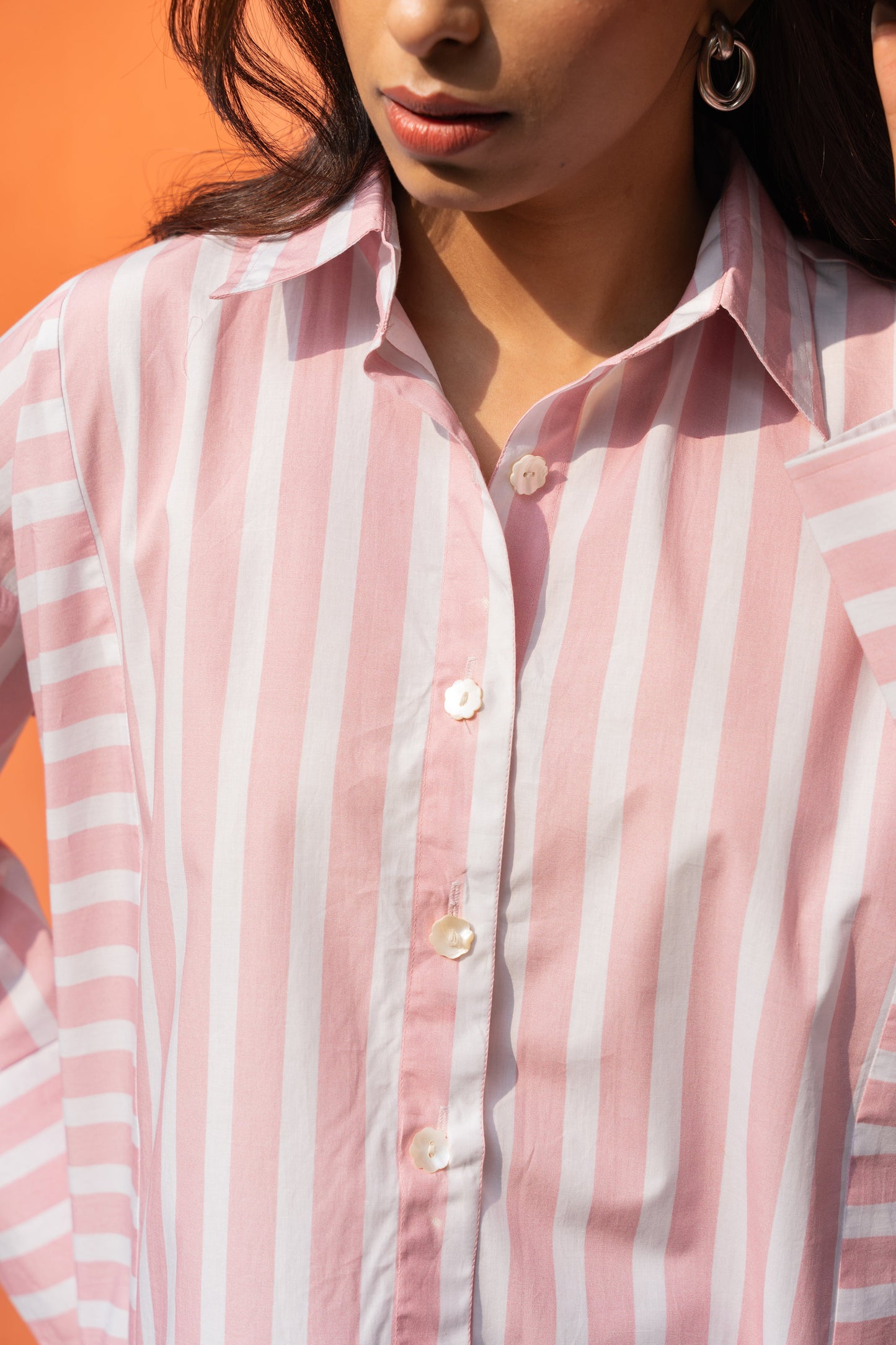 Women's Baby Pink Broad Stripe Cotton Oversized Shirt