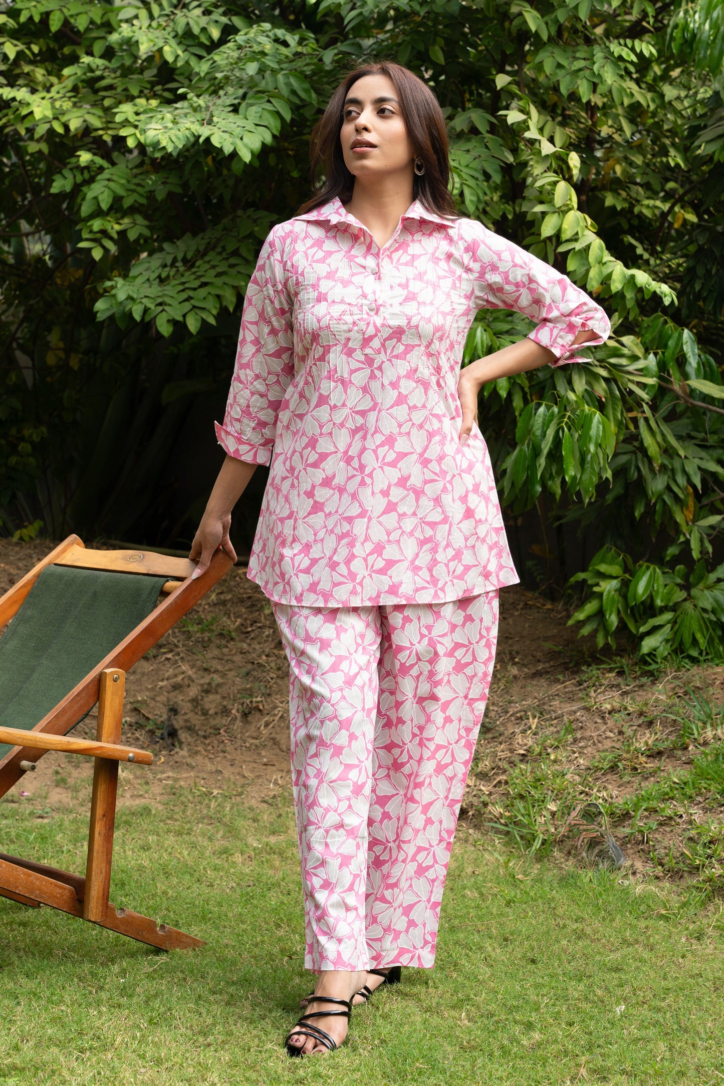 Women's Pink Pin Tucks Cotton Block Printed Co-ord Set