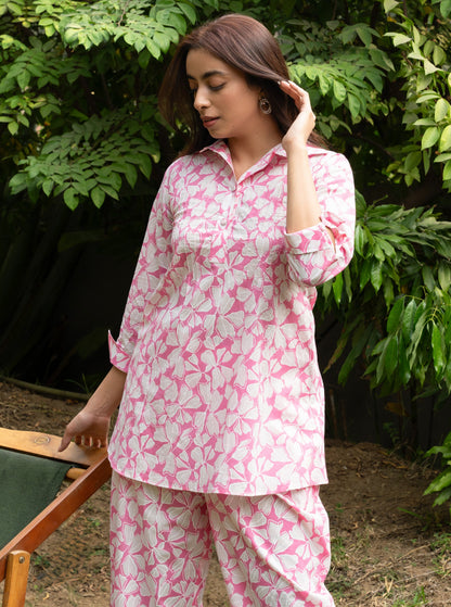 Women's Pink Pin Tucks Cotton Block Printed Co-ord Set