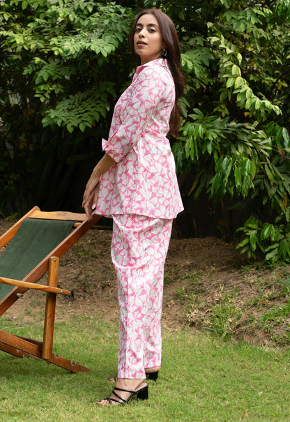 Women's Pink Pin Tucks Cotton Block Printed Co-ord Set
