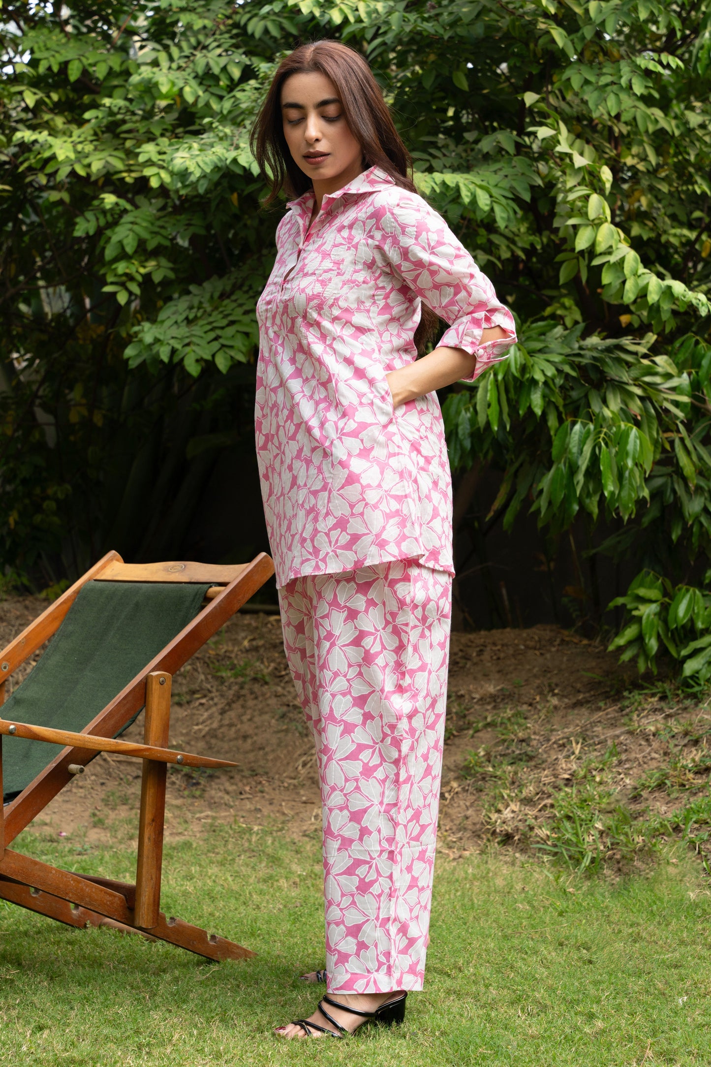 Women's Pink Pin Tucks Cotton Block Printed Co-ord Set