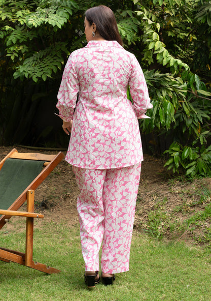 Women's Pink Pin Tucks Cotton Block Printed Co-ord Set