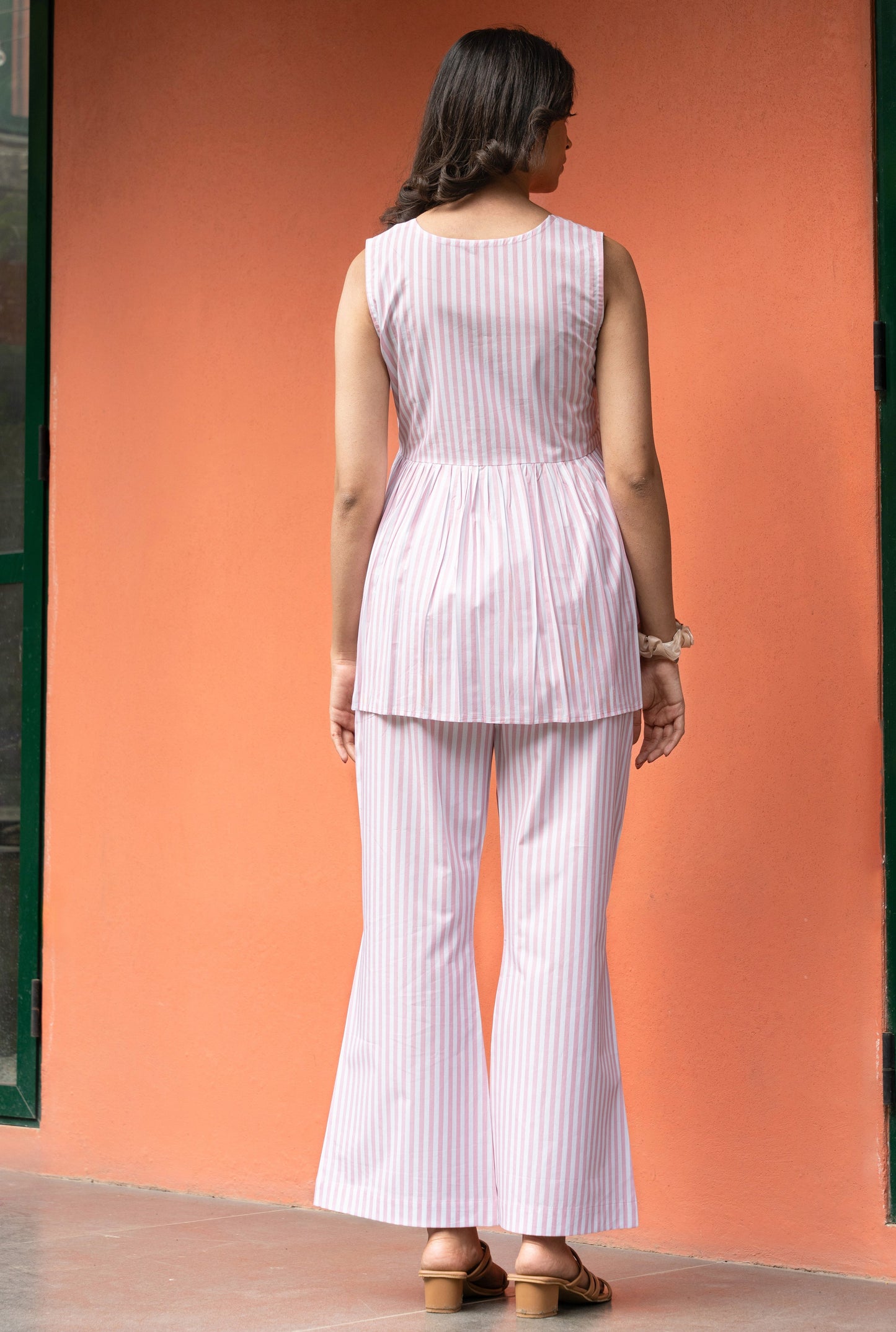 Women's Baby Pink Stripe Cotton Sleeveless Co-ordset