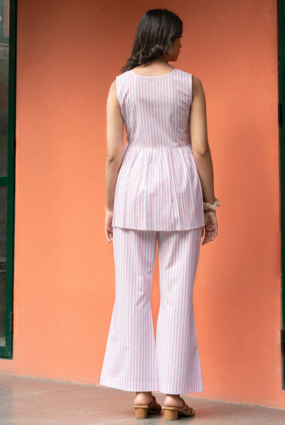 Women's Baby Pink Stripe Cotton Sleeveless Co-ordset