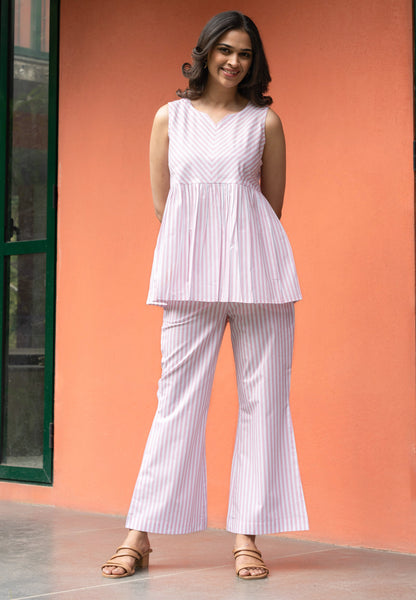 Women's Baby Pink Stripe Cotton Sleeveless Co-ordset