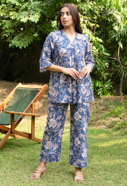 Women's Blue Floral Printed Cotton Block Printed Top