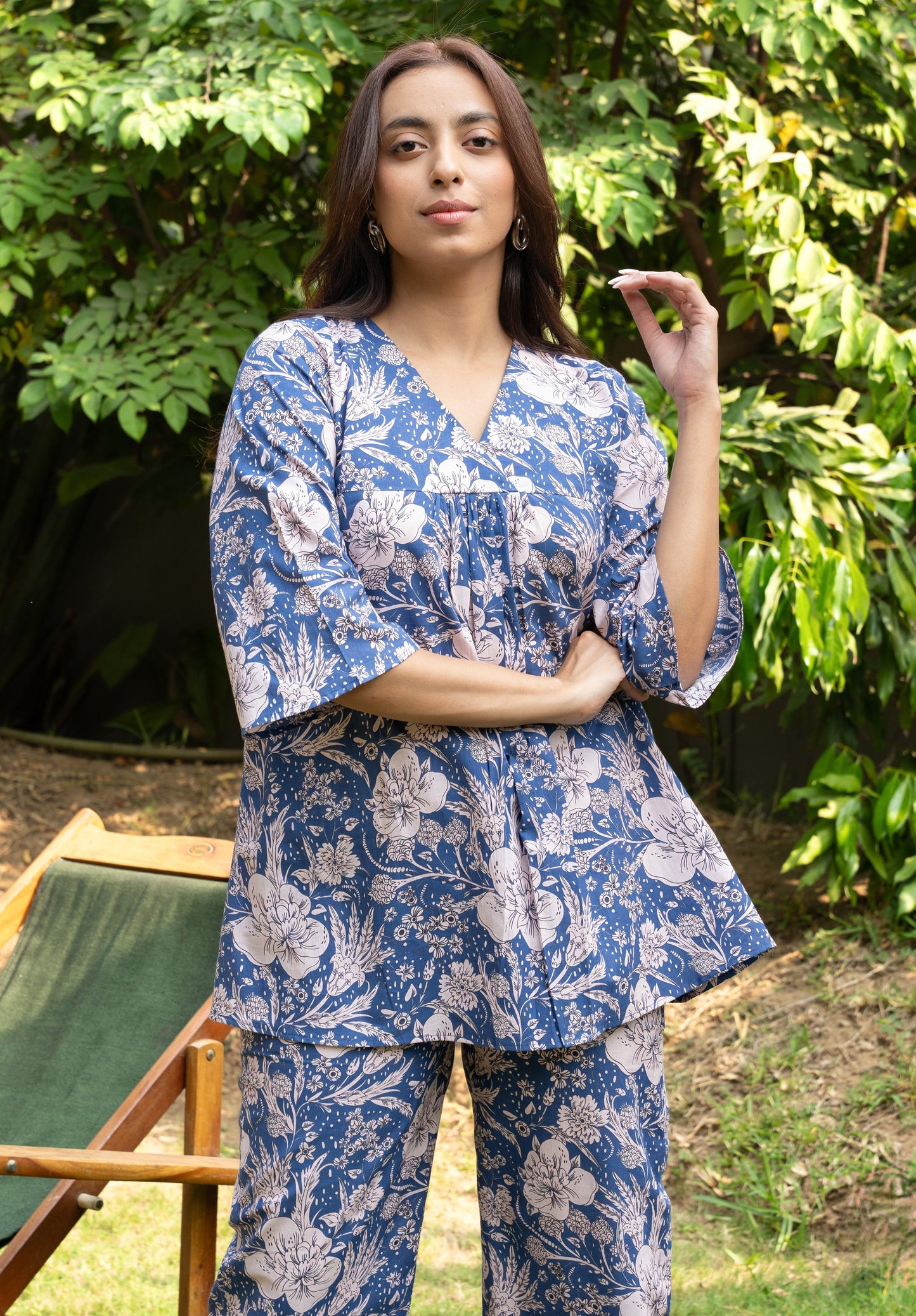 Women's Blue Floral Printed Cotton Block Printed Top