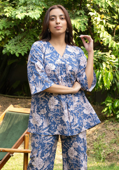 Women's Blue Floral Printed Cotton Block Printed Top