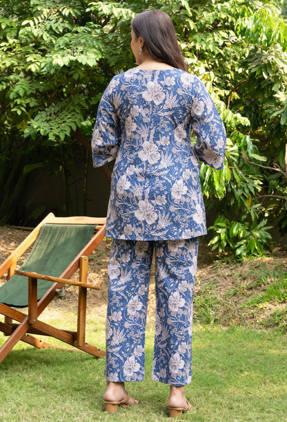 Women's Blue Floral Printed Cotton Block Printed Top