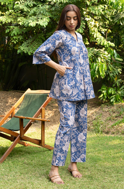 Women's Blue Floral Printed Cotton Block Printed Top