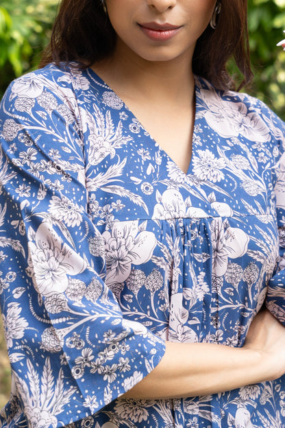 Women's Blue Floral Printed Cotton Block Printed Top