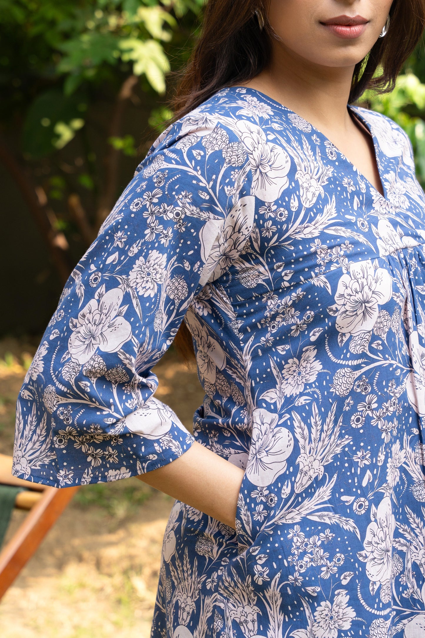Women's Blue Floral Printed Cotton Block Printed Top