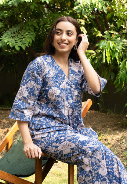 Women's Blue Floral Printed Cotton Block Printed Top