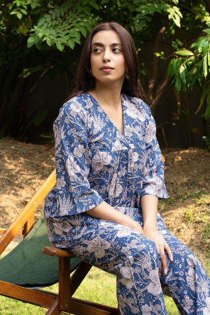 Women's Blue Floral Printed Cotton Block Printed Top