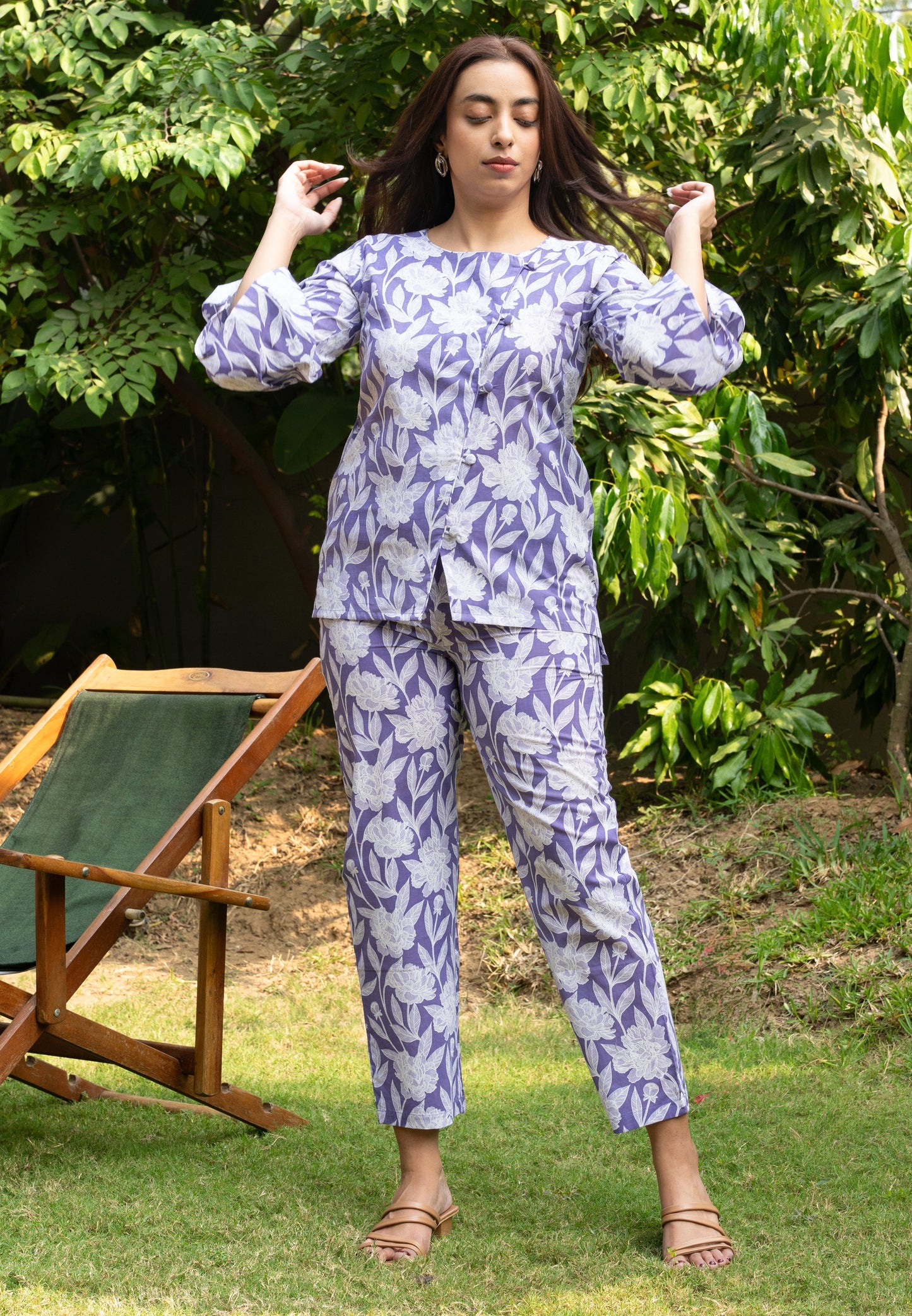 Women's Lilac Cross Pattern Cotton Block Printed Cotton Co-ord Set