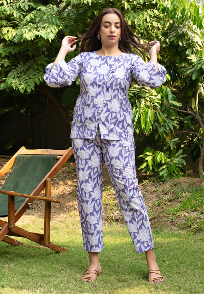 Women's Lilac Cross Pattern Cotton Block Printed Cotton Co-ord Set