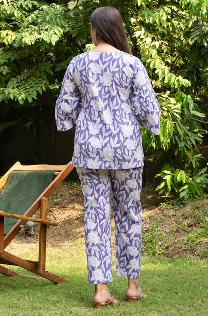 Women's Lilac Cross Pattern Cotton Block Printed Cotton Co-ord Set
