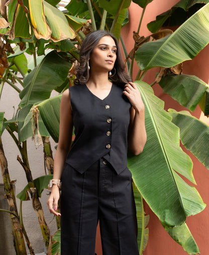 Women's Black Cotton Vest Co-ord Set