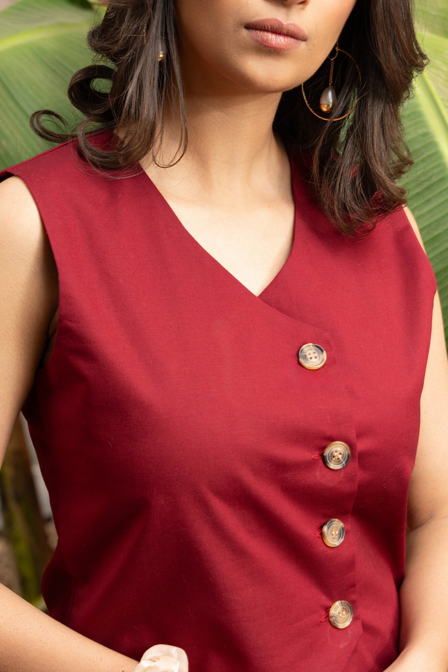 Women's Maroon Cotton Vest Co-ord Set