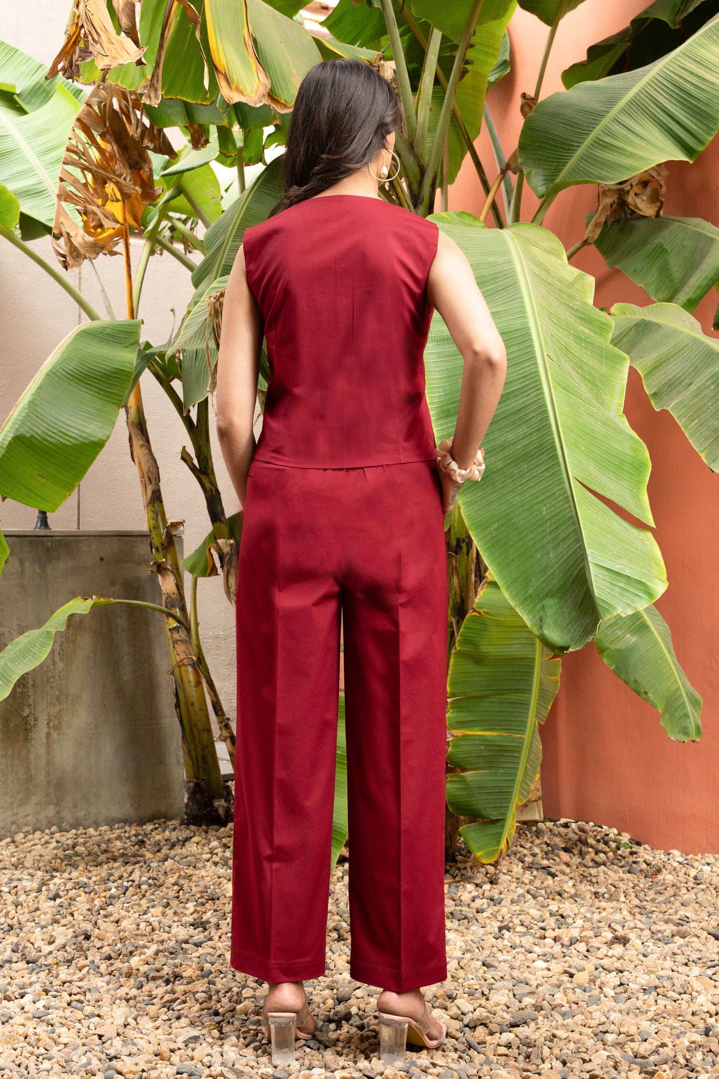 Women's Maroon Cotton Vest Co-ord Set