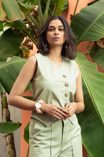 Women's Pista Green Cotton Vest Co-ord Set